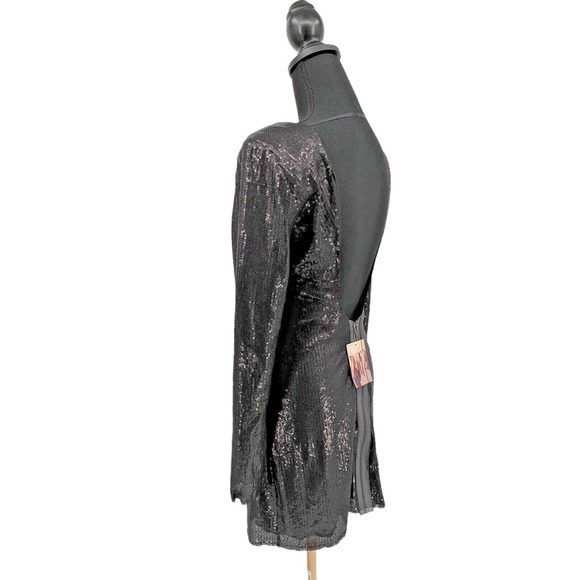New Silence + Noise‎ Black Sequin Plunge Back Mini Dress Medium - Picture 3 of 9